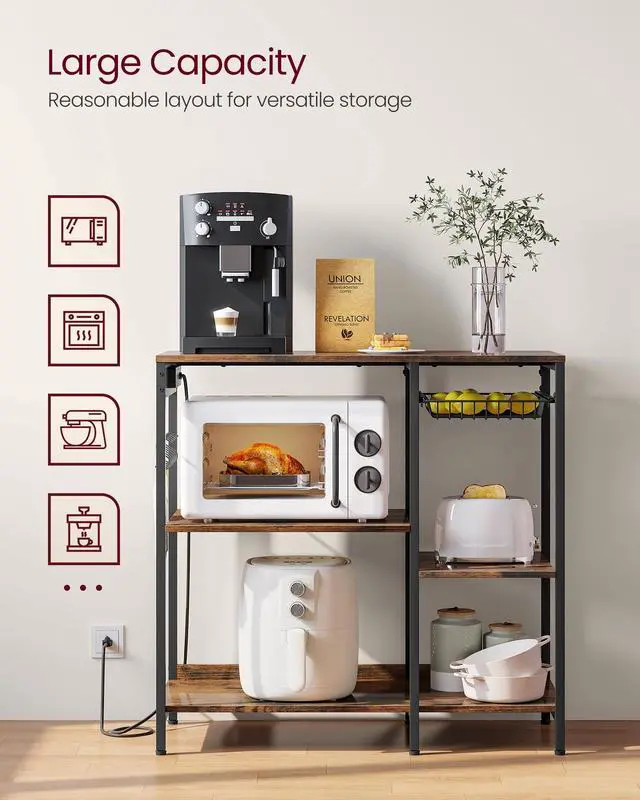 Alt view image 4 of 7 - Baker's Rack, Coffee Bar Stand with Charging Station, Storage Shelves, Pull-Out Wire Basket, Table for Microwave, Kitchen, Rustic Brown UKKS036K01, 15.7 x 35.4 x 35.6 Inches
