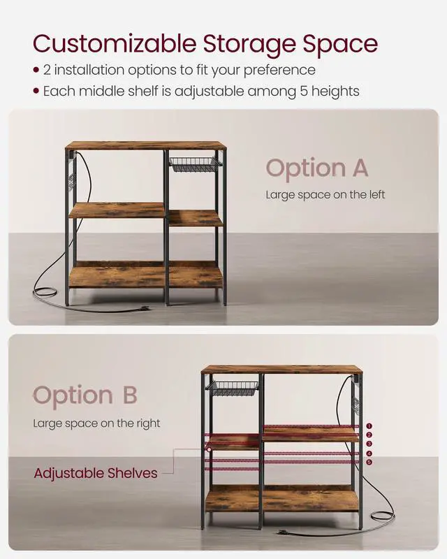 Alt view image 5 of 7 - Baker's Rack, Coffee Bar Stand with Charging Station, Storage Shelves, Pull-Out Wire Basket, Table for Microwave, Kitchen, Rustic Brown UKKS036K01, 15.7 x 35.4 x 35.6 Inches