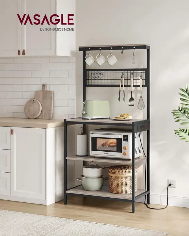 Alt view image 2 of 7 - Bakers Rack with Charging Station, 31.5 Inches Coffee Bar Stand with Adjustable Storage Shelf, Grid Panel, 12 Hooks, Table for Microwave, Kitchen, Heather Greige and Ink Black UKKS016K02