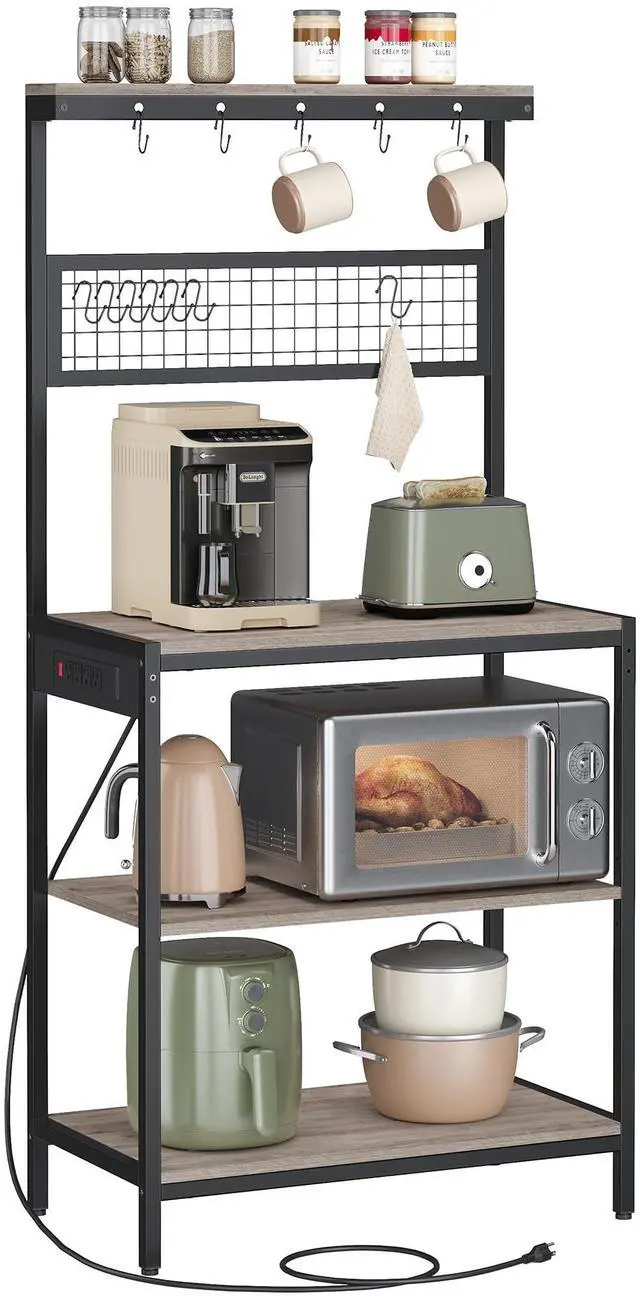 Main image of Bakers Rack with Charging Station, 31.5 Inches Coffee Bar Stand with Adjustable Storage Shelf, Grid Panel, 12 Hooks, Table for Microwave, Kitchen, Heather Greige and Ink Black UKKS016K02