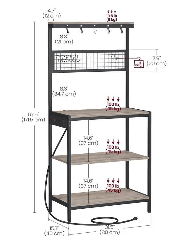 Alt view image 3 of 7 - Bakers Rack with Charging Station, 31.5 Inches Coffee Bar Stand with Adjustable Storage Shelf, Grid Panel, 12 Hooks, Table for Microwave, Kitchen, Heather Greige and Ink Black UKKS016K02