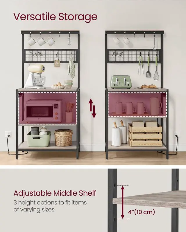 Alt view image 4 of 7 - Bakers Rack with Charging Station, 31.5 Inches Coffee Bar Stand with Adjustable Storage Shelf, Grid Panel, 12 Hooks, Table for Microwave, Kitchen, Heather Greige and Ink Black UKKS016K02
