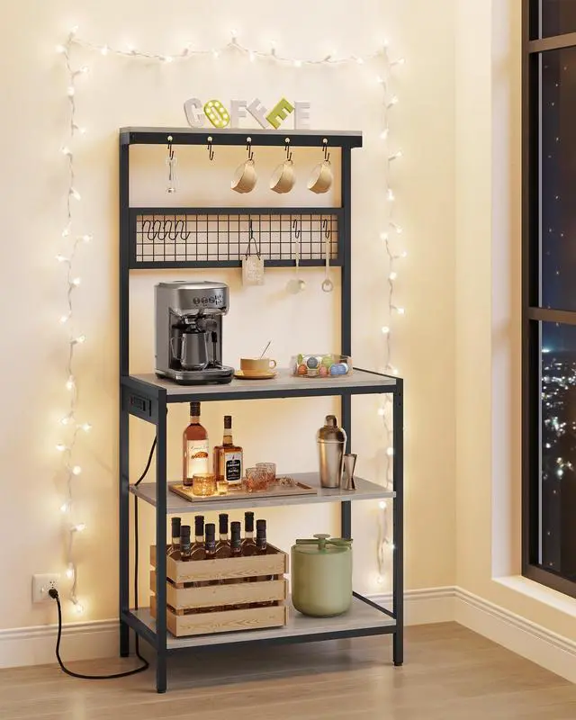 Alt view image 7 of 7 - Bakers Rack with Charging Station, 31.5 Inches Coffee Bar Stand with Adjustable Storage Shelf, Grid Panel, 12 Hooks, Table for Microwave, Kitchen, Heather Greige and Ink Black UKKS016K02