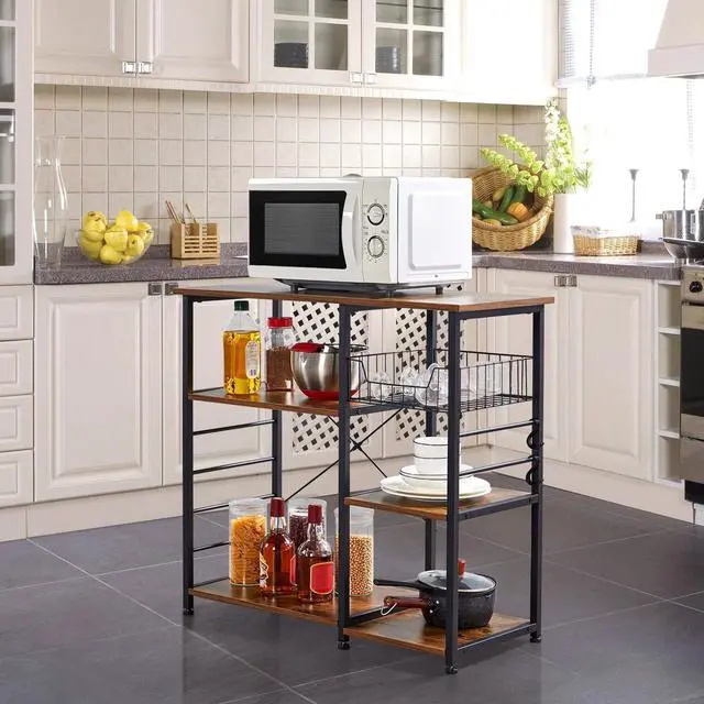 Alt view image 2 of 7 - 4-Tier Kitchen Baker's Rack, Coffee Bar Microwave Stand Cart with Wire Basket & 6 Side Hooks, Kitchen Organizer Shelf for Spices/Utensils Foods, Rustic Brown