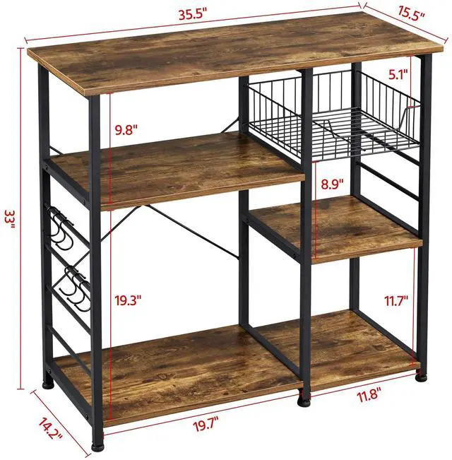 Alt view image 3 of 7 - 4-Tier Kitchen Baker's Rack, Coffee Bar Microwave Stand Cart with Wire Basket & 6 Side Hooks, Kitchen Organizer Shelf for Spices/Utensils Foods, Rustic Brown