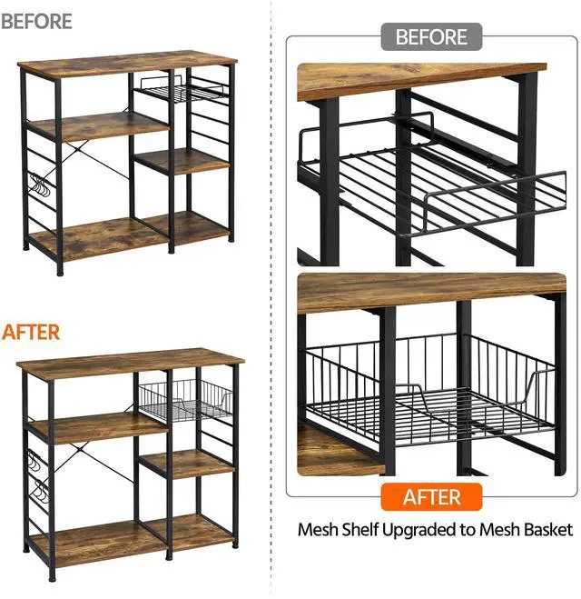 Alt view image 4 of 7 - 4-Tier Kitchen Baker's Rack, Coffee Bar Microwave Stand Cart with Wire Basket & 6 Side Hooks, Kitchen Organizer Shelf for Spices/Utensils Foods, Rustic Brown