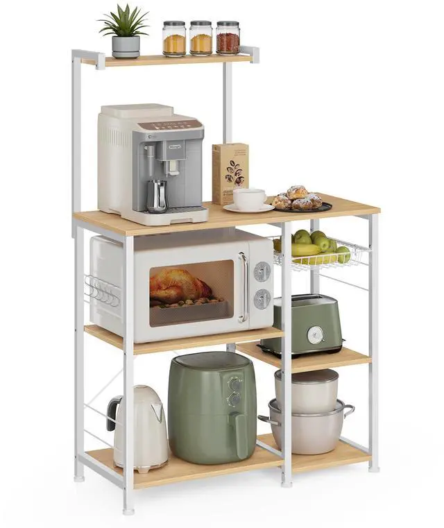 Main image of Baker's Rack, Microwave Stand, Kitchen Storage Rack with Wire Basket, 6 Hooks, and Shelves, for Spices, Pots, and Pans, Golden Oak and Cloud White UKKS035W09