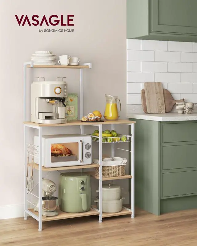 Alt view image 2 of 7 - Baker's Rack, Microwave Stand, Kitchen Storage Rack with Wire Basket, 6 Hooks, and Shelves, for Spices, Pots, and Pans, Golden Oak and Cloud White UKKS035W09