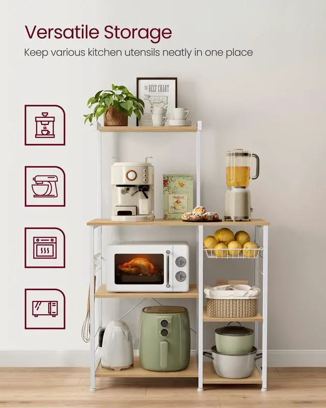 Alt view image 3 of 7 - Baker's Rack, Microwave Stand, Kitchen Storage Rack with Wire Basket, 6 Hooks, and Shelves, for Spices, Pots, and Pans, Golden Oak and Cloud White UKKS035W09