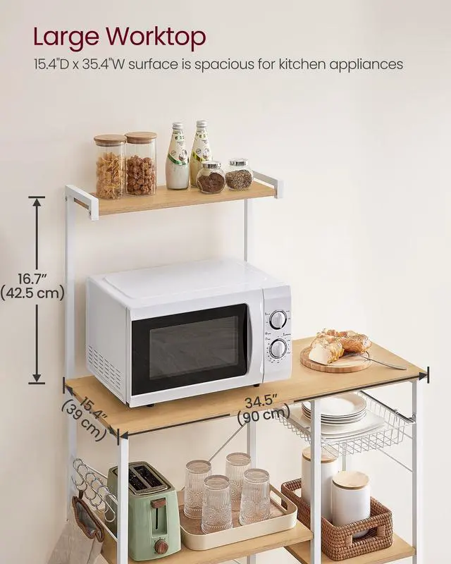 Alt view image 4 of 7 - Baker's Rack, Microwave Stand, Kitchen Storage Rack with Wire Basket, 6 Hooks, and Shelves, for Spices, Pots, and Pans, Golden Oak and Cloud White UKKS035W09