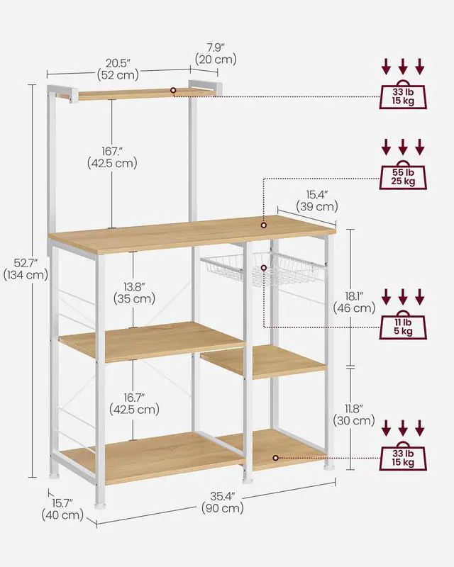 Alt view image 5 of 7 - Baker's Rack, Microwave Stand, Kitchen Storage Rack with Wire Basket, 6 Hooks, and Shelves, for Spices, Pots, and Pans, Golden Oak and Cloud White UKKS035W09