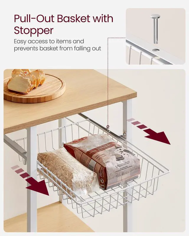 Alt view image 6 of 7 - Baker's Rack, Microwave Stand, Kitchen Storage Rack with Wire Basket, 6 Hooks, and Shelves, for Spices, Pots, and Pans, Golden Oak and Cloud White UKKS035W09