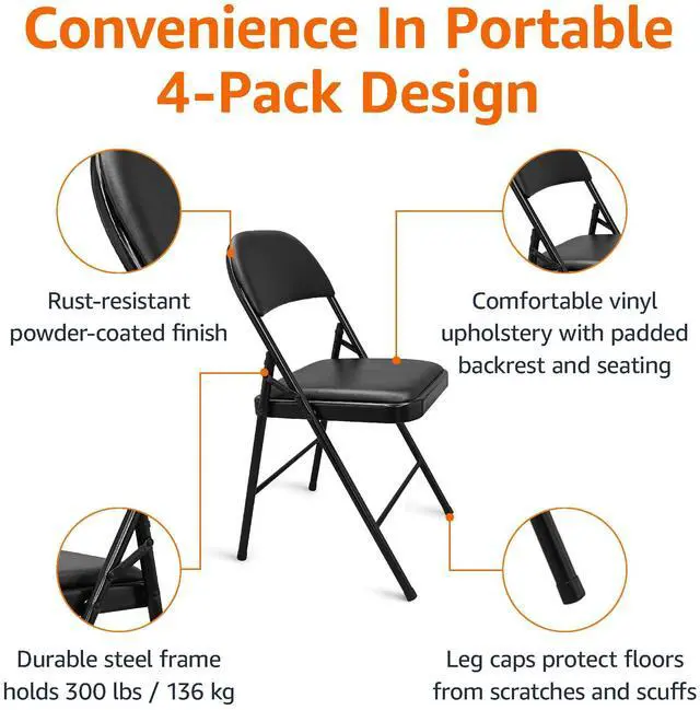 Alt view image 5 of 5 - Comfortable Vinyl-Padded Metal Steel Folding Chairs, Black, 4-Pack