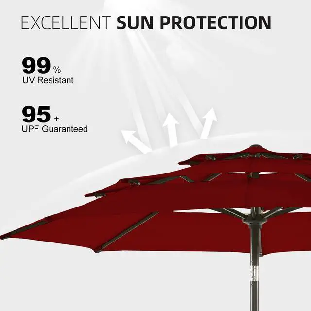 Alt view image 3 of 6 - 10 FT Patio Umbrellas 3-Tiers Outdoor Table Market Umbrella with Push Button Tilt/Crank, Fade Resistant Waterproof POLYESTER DTY Canopy for Garden, Lawn, Deck, Backyard & PoolBurgundy