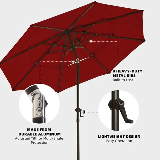 Alt view image 4 of 6 - 10 FT Patio Umbrellas 3-Tiers Outdoor Table Market Umbrella with Push Button Tilt/Crank, Fade Resistant Waterproof POLYESTER DTY Canopy for Garden, Lawn, Deck, Backyard & PoolBurgundy