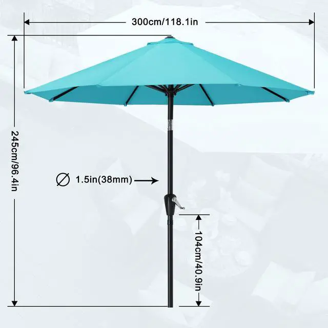 Alt view image 3 of 6 - Patio Umbrella for Outdoor Market Table -8 Ribs (10ft,Turquoise)