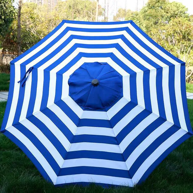 Alt view image 4 of 6 - 9' Outdoor Patio Umbrella, Striped Patio Umbrella, Outdoor Table Umbrella, Market Umbrella with 8 Sturdy Ribs, Push Button Tilt and Crank (Blue & White Stripe)