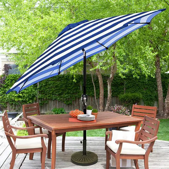 Alt view image 5 of 6 - 9' Outdoor Patio Umbrella, Striped Patio Umbrella, Outdoor Table Umbrella, Market Umbrella with 8 Sturdy Ribs, Push Button Tilt and Crank (Blue & White Stripe)