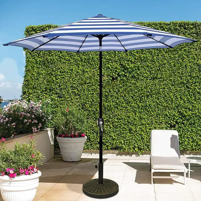 Alt view image 6 of 6 - 9' Outdoor Patio Umbrella, Striped Patio Umbrella, Outdoor Table Umbrella, Market Umbrella with 8 Sturdy Ribs, Push Button Tilt and Crank (Blue & White Stripe)
