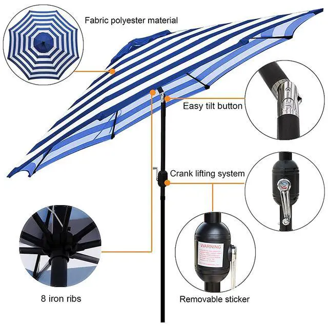 Alt view image 2 of 6 - 9' Outdoor Patio Umbrella, Striped Patio Umbrella, Outdoor Table Umbrella, Market Umbrella with 8 Sturdy Ribs, Push Button Tilt and Crank (Blue & White Stripe)
