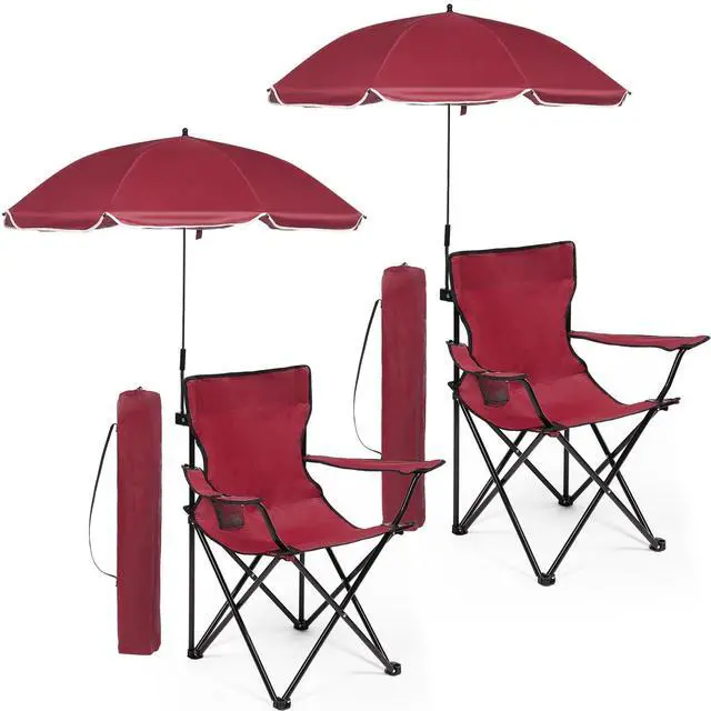 Main image of 2 Pack Beach Umbrella Chairs Folding Camping Portable Beach Chairs with Canopy Shade Adults with Cup Holder and Carrying Bag for Camping Hiking Travel Picnic Outdoor Events(Wine Red)