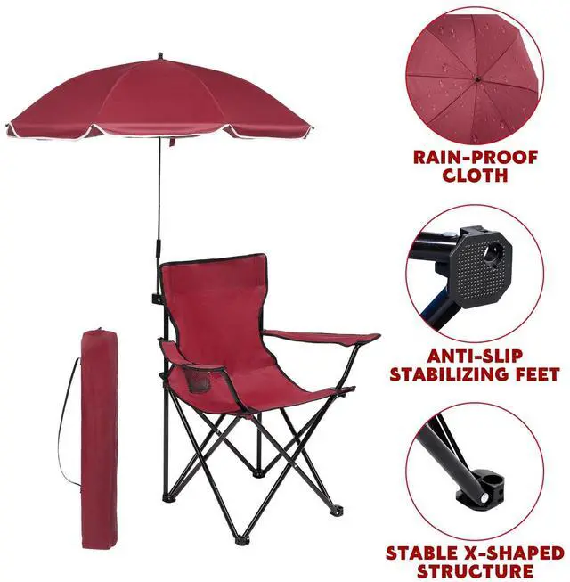 Alt view image 3 of 7 - 2 Pack Beach Umbrella Chairs Folding Camping Portable Beach Chairs with Canopy Shade Adults with Cup Holder and Carrying Bag for Camping Hiking Travel Picnic Outdoor Events(Wine Red)