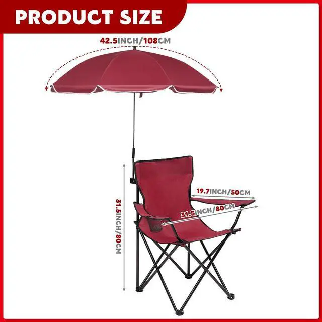 Alt view image 2 of 7 - 2 Pack Beach Umbrella Chairs Folding Camping Portable Beach Chairs with Canopy Shade Adults with Cup Holder and Carrying Bag for Camping Hiking Travel Picnic Outdoor Events(Wine Red)