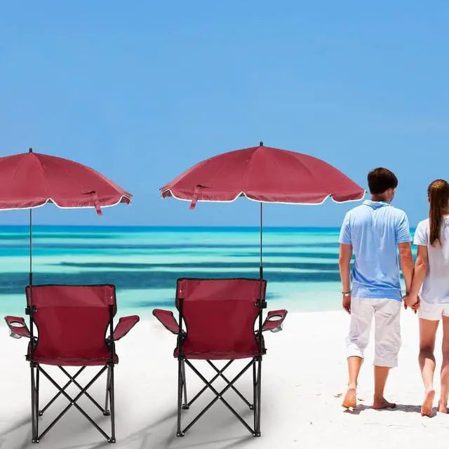 Alt view image 5 of 7 - 2 Pack Beach Umbrella Chairs Folding Camping Portable Beach Chairs with Canopy Shade Adults with Cup Holder and Carrying Bag for Camping Hiking Travel Picnic Outdoor Events(Wine Red)