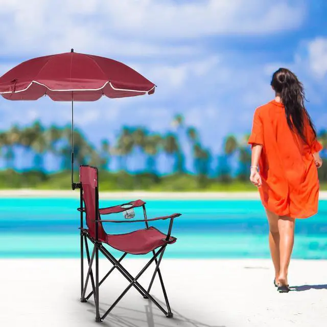 Alt view image 7 of 7 - 2 Pack Beach Umbrella Chairs Folding Camping Portable Beach Chairs with Canopy Shade Adults with Cup Holder and Carrying Bag for Camping Hiking Travel Picnic Outdoor Events(Wine Red)