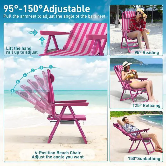 Alt view image 2 of 7 - Backpack Beach Chair, 6-Positions Beach Chairs for Adults with Cooler Bag, Reclining Beach Chair with Cup Holder Folding Camping Chair for Sand Outdoor