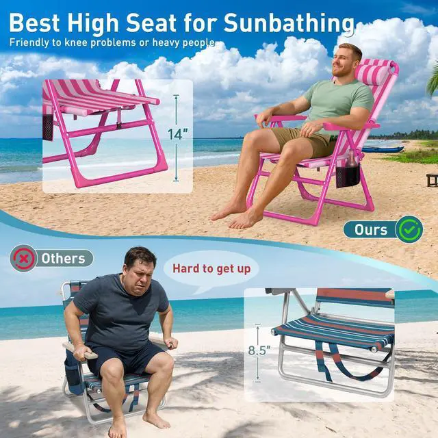 Alt view image 3 of 7 - Backpack Beach Chair, 6-Positions Beach Chairs for Adults with Cooler Bag, Reclining Beach Chair with Cup Holder Folding Camping Chair for Sand Outdoor