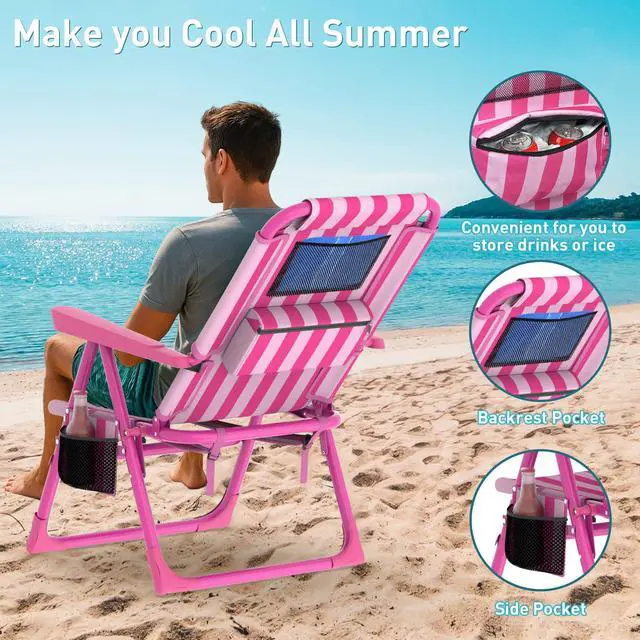Alt view image 5 of 7 - Backpack Beach Chair, 6-Positions Beach Chairs for Adults with Cooler Bag, Reclining Beach Chair with Cup Holder Folding Camping Chair for Sand Outdoor