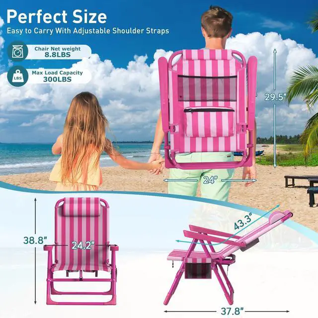 Alt view image 6 of 7 - Backpack Beach Chair, 6-Positions Beach Chairs for Adults with Cooler Bag, Reclining Beach Chair with Cup Holder Folding Camping Chair for Sand Outdoor