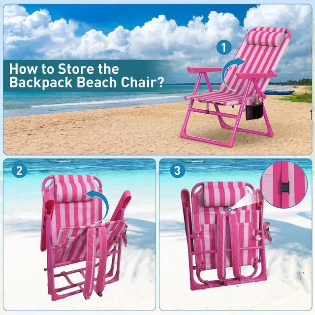Alt view image 7 of 7 - Backpack Beach Chair, 6-Positions Beach Chairs for Adults with Cooler Bag, Reclining Beach Chair with Cup Holder Folding Camping Chair for Sand Outdoor