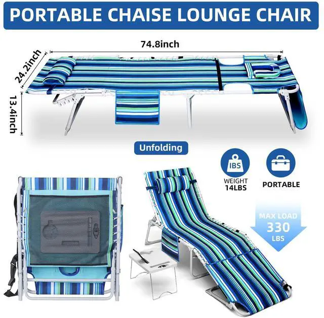 Alt view image 2 of 7 - 3-in-1 Beach Chair Face Holes, Lounge Chair Outdoor with Folding Side Table, 5-Position Recliner, Lay Flat, Removable Pillow, Heavy Duty, Max 330lbs, Poolside, Patio, Camping, Backyard Striped Blue