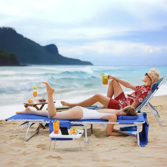 Alt view image 3 of 7 - 3-in-1 Beach Chair Face Holes, Lounge Chair Outdoor with Folding Side Table, 5-Position Recliner, Lay Flat, Removable Pillow, Heavy Duty, Max 330lbs, Poolside, Patio, Camping, Backyard Striped Blue