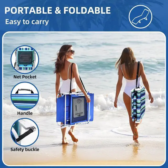 Alt view image 7 of 7 - 3-in-1 Beach Chair Face Holes, Lounge Chair Outdoor with Folding Side Table, 5-Position Recliner, Lay Flat, Removable Pillow, Heavy Duty, Max 330lbs, Poolside, Patio, Camping, Backyard Striped Blue