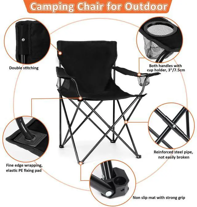 Alt view image 2 of 7 - 2 Pack Camping Chairs for Adults, Lawn Chairs with Table, Heavy Duty Folding Chairs for Outside Oversized & Comfy Sports Chair for Adults Fishing, Beach, Patio, Hiking, Lawn, Travel - Black