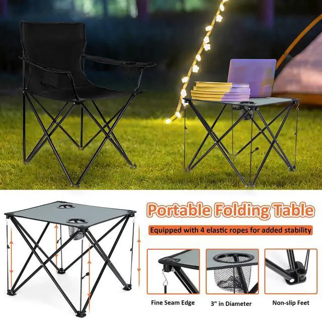Alt view image 5 of 7 - 2 Pack Camping Chairs for Adults, Lawn Chairs with Table, Heavy Duty Folding Chairs for Outside Oversized & Comfy Sports Chair for Adults Fishing, Beach, Patio, Hiking, Lawn, Travel - Black