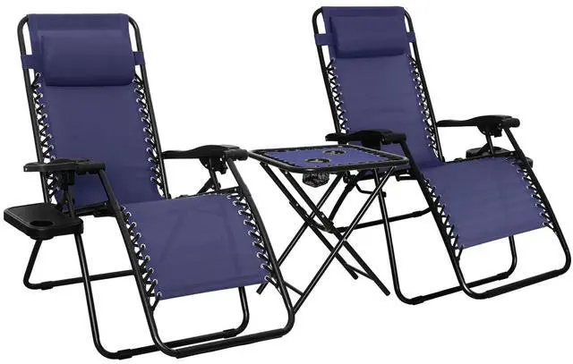Main image of Outdoor Textilene Adjustable Zero Gravity Folding Reclining Lounge Chair Set with Side Table, pack of 2, Blue