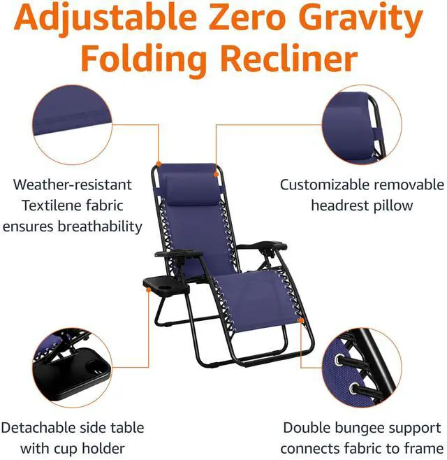Alt view image 2 of 4 - Outdoor Textilene Adjustable Zero Gravity Folding Reclining Lounge Chair Set with Side Table, pack of 2, Blue