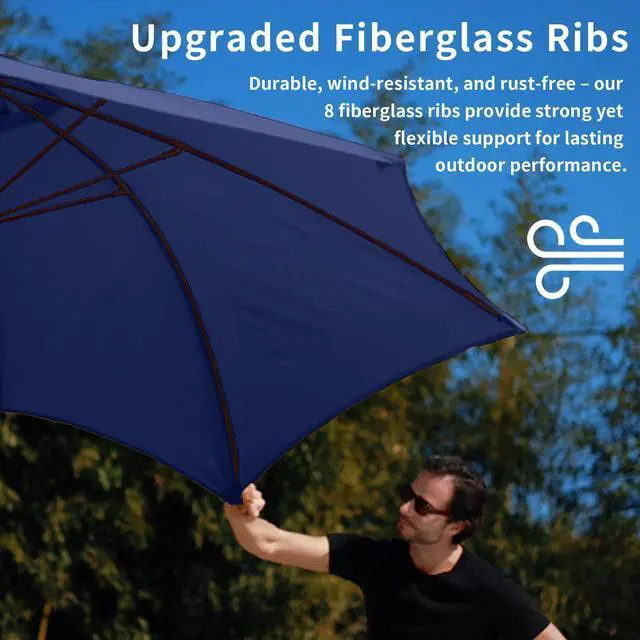 Alt view image 3 of 7 - 10FT Patio Umbrella Outdoor Market Umbrella with Crank and Tilt, 8 Flexible Fiberglass Ribs, UV-Resistant Waterproof Canopy for Patio, Deck, Garden, Backyard, Navy Blue
