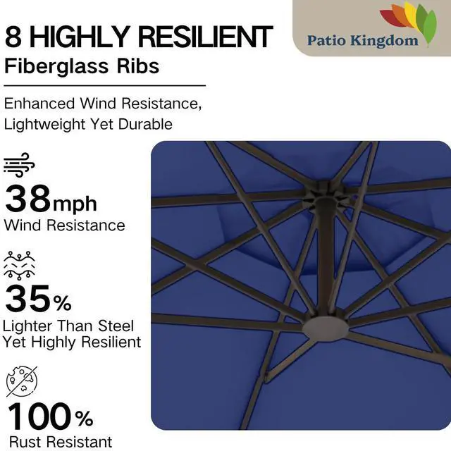 Alt view image 4 of 7 - 10FT Patio Umbrella Outdoor Market Umbrella with Crank and Tilt, 8 Flexible Fiberglass Ribs, UV-Resistant Waterproof Canopy for Patio, Deck, Garden, Backyard, Navy Blue