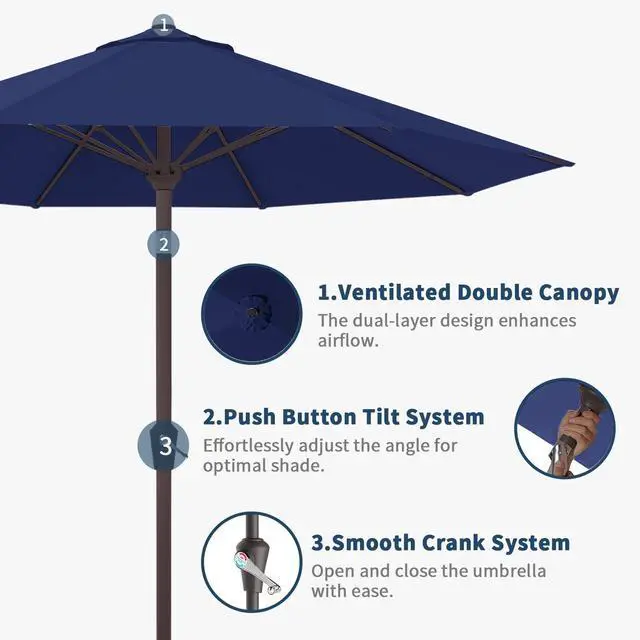 Alt view image 7 of 7 - 10FT Patio Umbrella Outdoor Market Umbrella with Crank and Tilt, 8 Flexible Fiberglass Ribs, UV-Resistant Waterproof Canopy for Patio, Deck, Garden, Backyard, Navy Blue