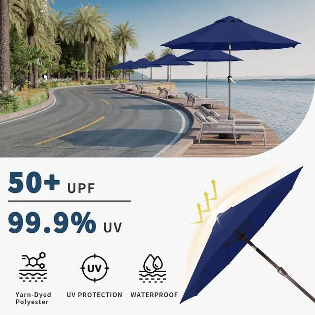Alt view image 6 of 7 - 10FT Patio Umbrella Outdoor Market Umbrella with Crank and Tilt, 8 Flexible Fiberglass Ribs, UV-Resistant Waterproof Canopy for Patio, Deck, Garden, Backyard, Navy Blue