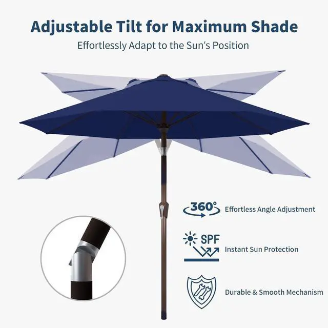 Alt view image 5 of 7 - 10FT Patio Umbrella Outdoor Market Umbrella with Crank and Tilt, 8 Flexible Fiberglass Ribs, UV-Resistant Waterproof Canopy for Patio, Deck, Garden, Backyard, Navy Blue