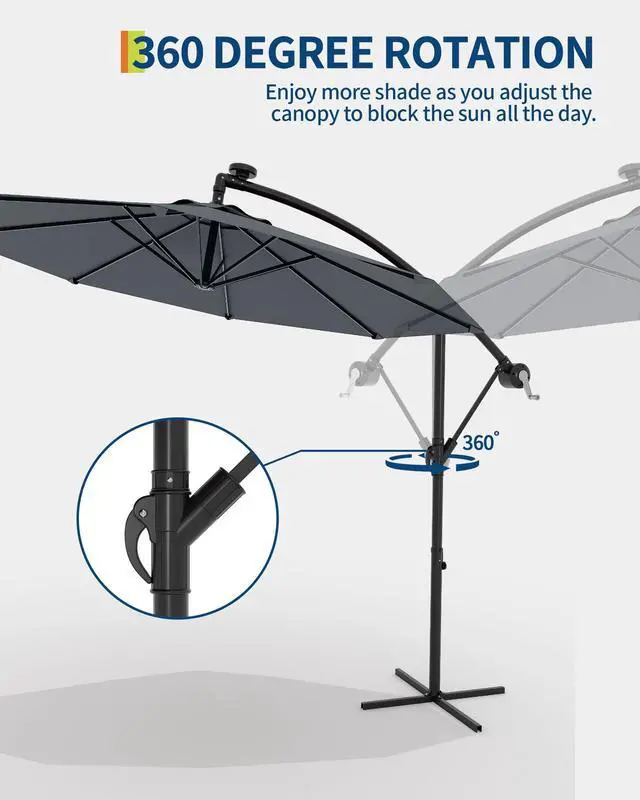 Alt view image 4 of 7 - 10FT Cantilever Patio Umbrella with Cross Base, Outdoor Offset Market Umbrella with 360-degree Rotation and Infinite Tilt, Outside Umbrellas for Backyard Lawn Garden and Pool (Grey)