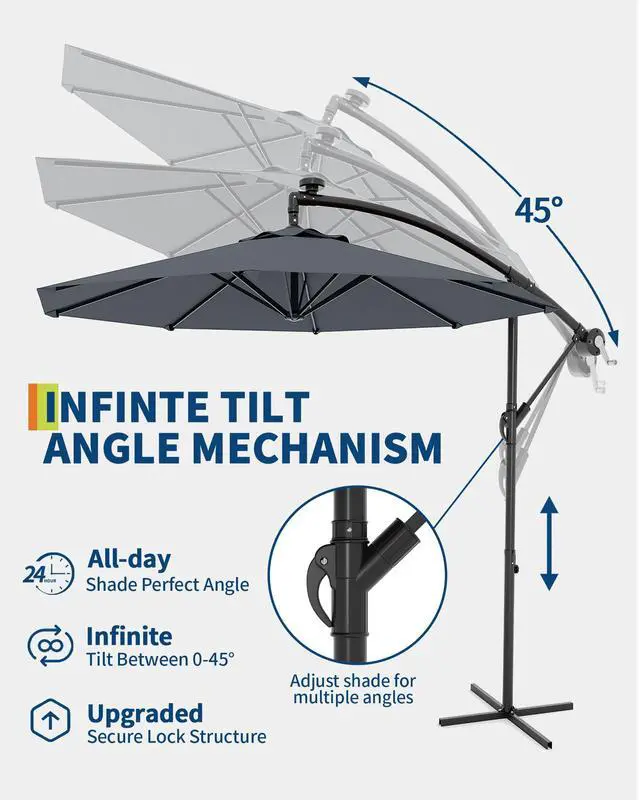 Alt view image 3 of 7 - 10FT Cantilever Patio Umbrella with Cross Base, Outdoor Offset Market Umbrella with 360-degree Rotation and Infinite Tilt, Outside Umbrellas for Backyard Lawn Garden and Pool (Grey)