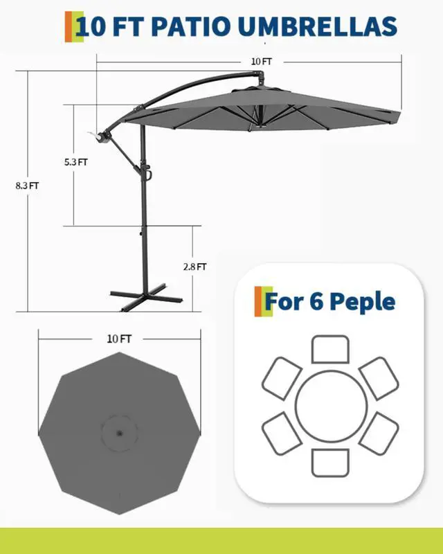 Alt view image 5 of 7 - 10FT Cantilever Patio Umbrella with Cross Base, Outdoor Offset Market Umbrella with 360-degree Rotation and Infinite Tilt, Outside Umbrellas for Backyard Lawn Garden and Pool (Grey)