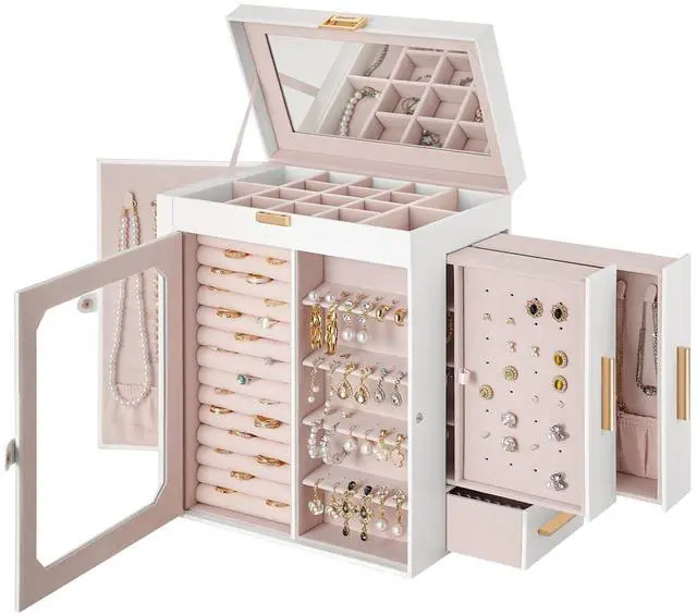 Main image of Jewelry Box with Mirror, Travel Jewelry Organizer with Glass Window, Vertical Storage, Christmas Gift, Gift for Loved Ones, for Earrings, Rings, Necklaces, Bracelets, White WT03JB04G2